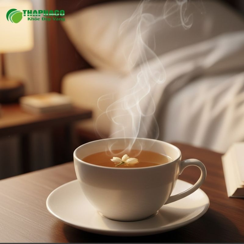 Tách trà nụ hoa nhài khô đã pha thơm ngon, giúp an thần, thanh nhiệt và cải thiện giấc ngủ